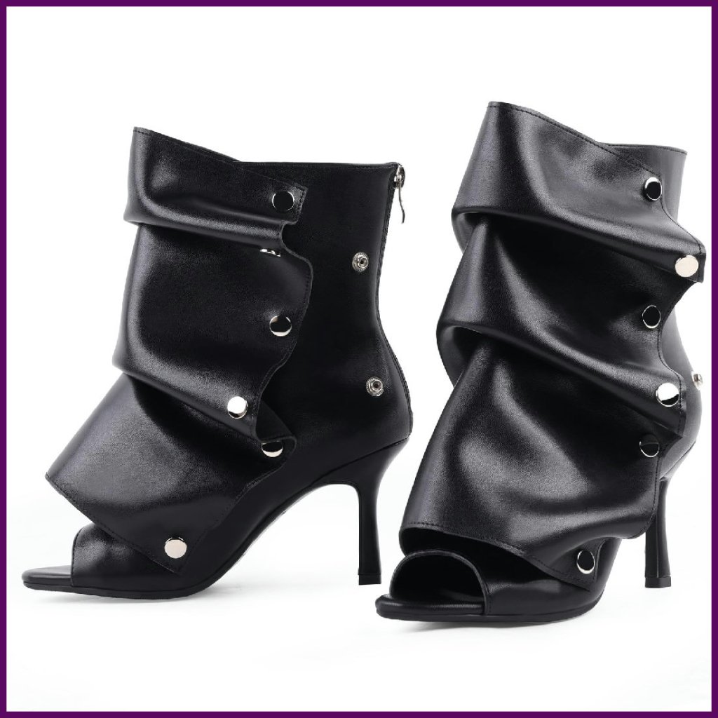 Open Toe Ankle Boots Stiletto Heels Slouchy Fold Over Snap Panel